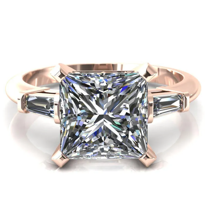 Fire Brilliance Rings Quinn PrincessSquare Moissanite 4 Prong Single Baguette Diamond Side Ring