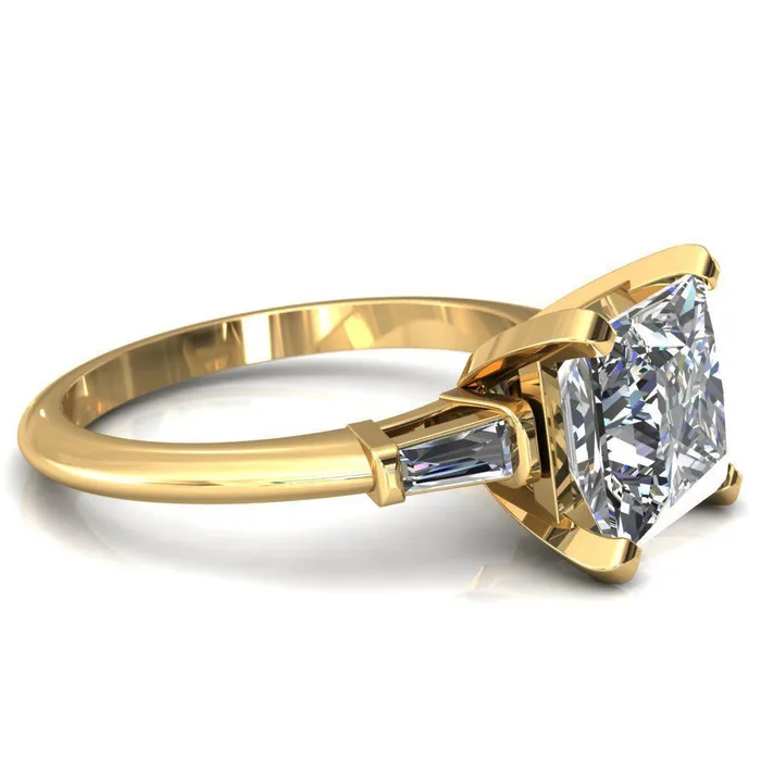 Fire Brilliance Rings Quinn PrincessSquare Moissanite 4 Prong Single Baguette Diamond Side Ring