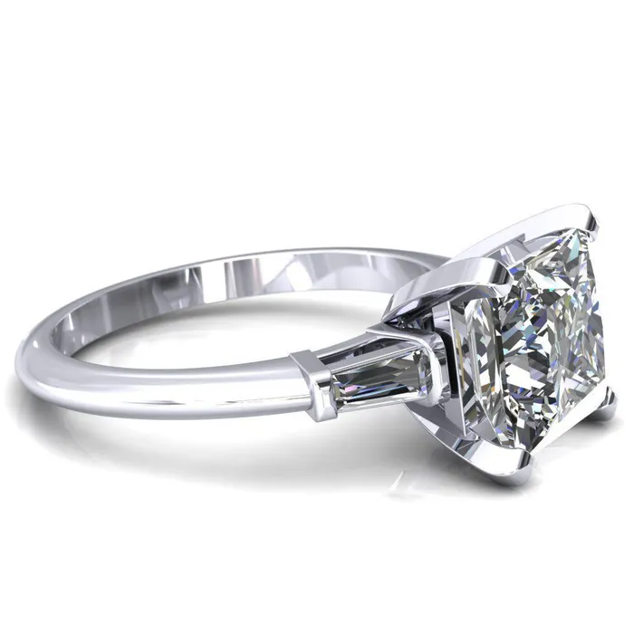 Fire Brilliance Rings Quinn PrincessSquare Moissanite 4 Prong Single Baguette Diamond Side Ring