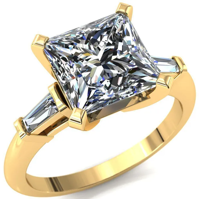 Fire Brilliance Rings Quinn PrincessSquare Moissanite 4 Prong Single Baguette Diamond Side Ring