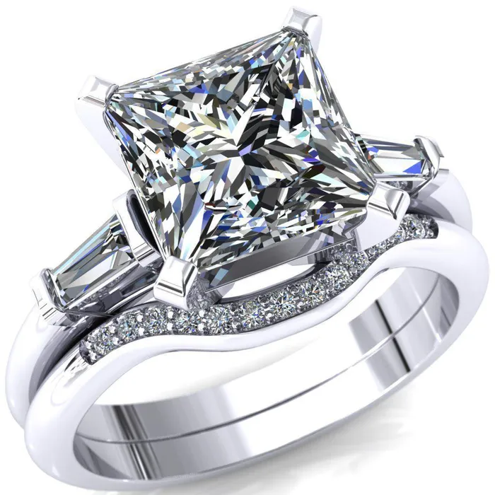 Fire Brilliance Rings Quinn PrincessSquare Moissanite 4 Prong Single Baguette Diamond Side Ring