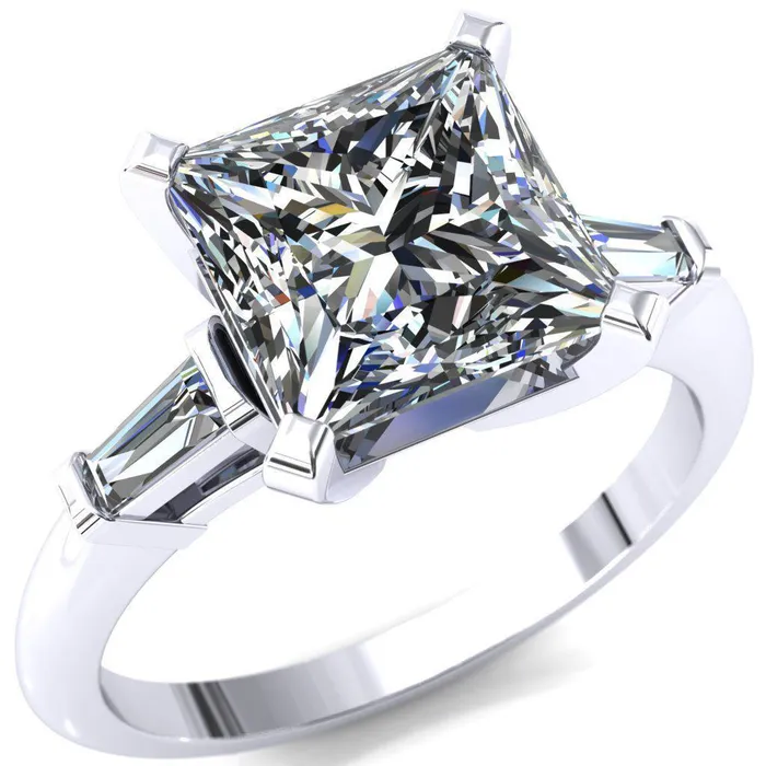 Fire Brilliance Rings Quinn PrincessSquare Moissanite 4 Prong Single Baguette Diamond Side Ring