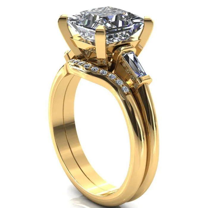 Fire Brilliance Rings Quinn PrincessSquare Moissanite 4 Prong Single Baguette Diamond Side Ring