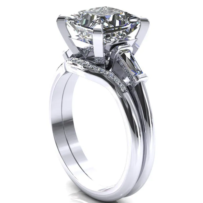 Fire Brilliance Rings Quinn PrincessSquare Moissanite 4 Prong Single Baguette Diamond Side Ring