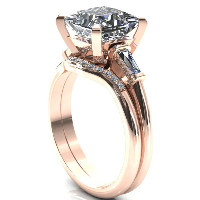 Fire Brilliance Rings Quinn PrincessSquare Moissanite 4 Prong Single Baguette Diamond Side Ring