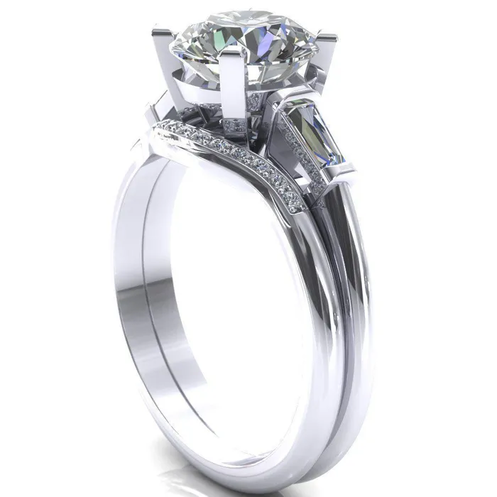 Fire Brilliance Rings Quinn Round Center Stone 4 Prong Single Baguette Diamond Side Ring
