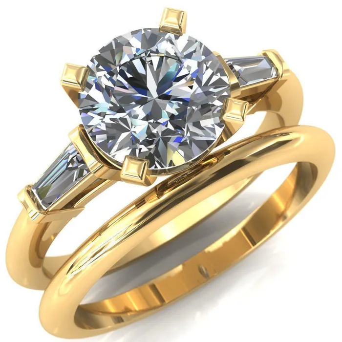 Fire Brilliance Rings Quinn Round Center Stone 4 Prong Single Baguette Diamond Side Ring