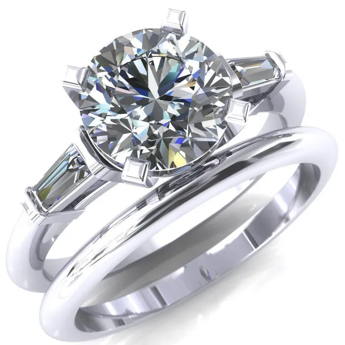 Fire Brilliance Rings Quinn Round Center Stone 4 Prong Single Baguette Diamond Side Ring