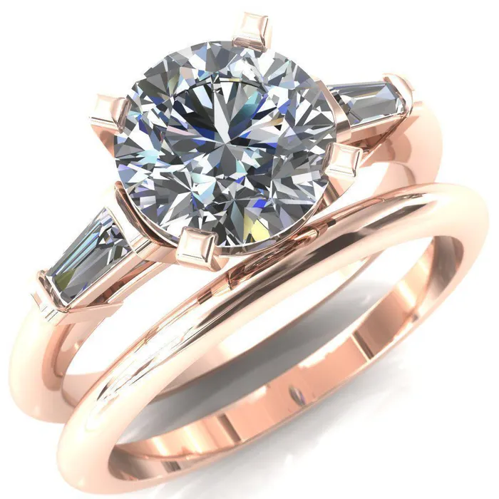 Fire Brilliance Rings Quinn Round Center Stone 4 Prong Single Baguette Diamond Side Ring
