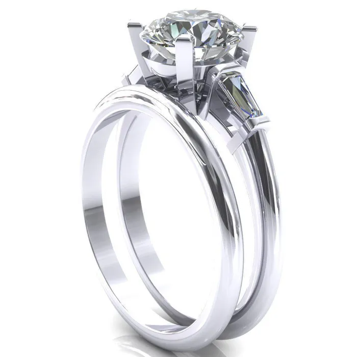 Fire Brilliance Rings Quinn Round Center Stone 4 Prong Single Baguette Diamond Side Ring