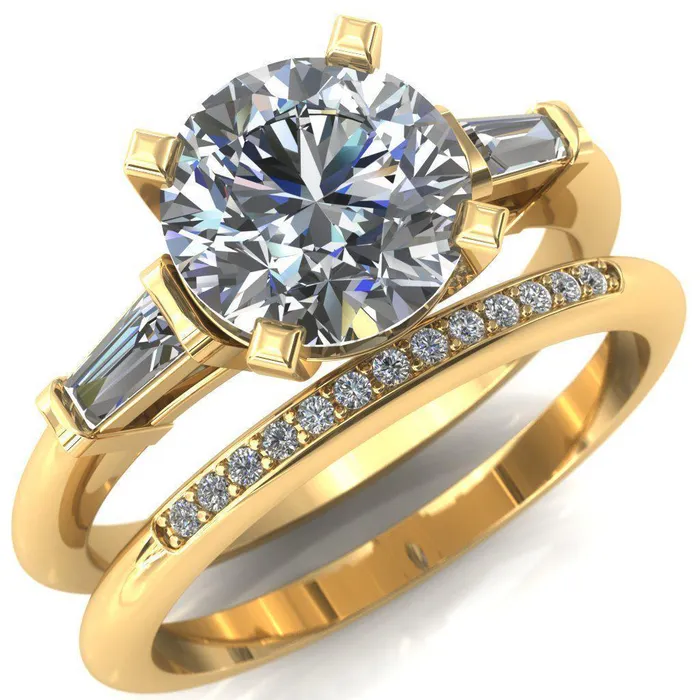 Fire Brilliance Rings Quinn Round Center Stone 4 Prong Single Baguette Diamond Side Ring