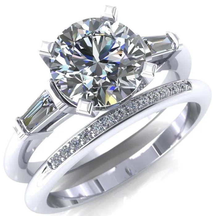 Fire Brilliance Rings Quinn Round Center Stone 4 Prong Single Baguette Diamond Side Ring