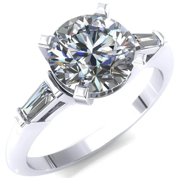 Fire Brilliance Rings Quinn Round Center Stone 4 Prong Single Baguette Diamond Side Ring