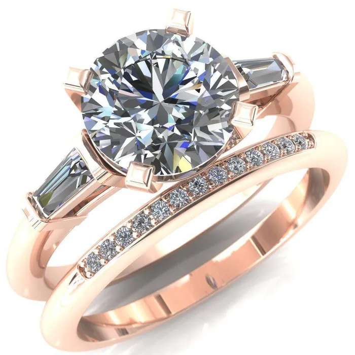 Fire Brilliance Rings Quinn Round Center Stone 4 Prong Single Baguette Diamond Side Ring