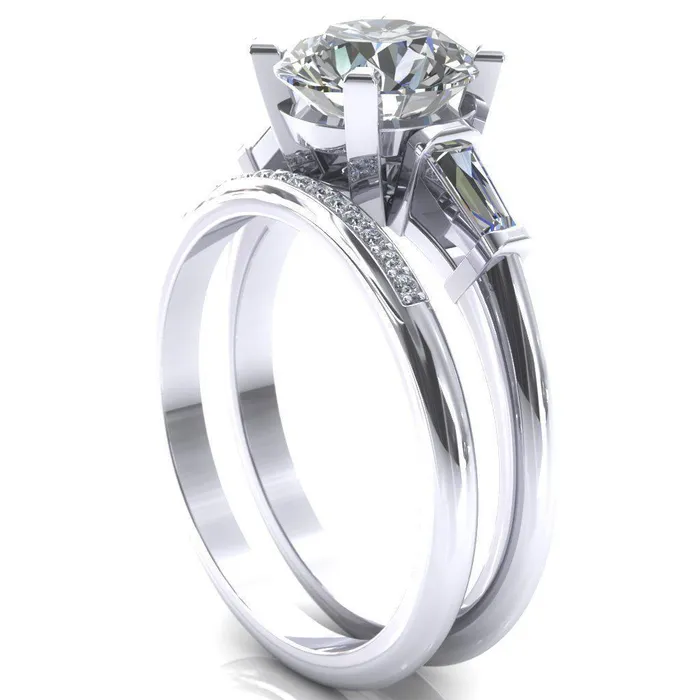 Fire Brilliance Rings Quinn Round Center Stone 4 Prong Single Baguette Diamond Side Ring