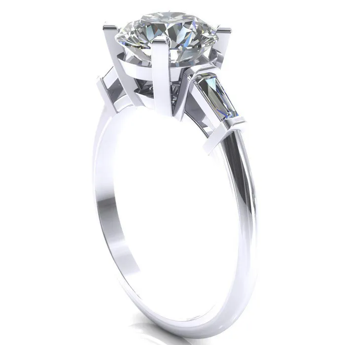 Fire Brilliance Rings Quinn Round Center Stone 4 Prong Single Baguette Diamond Side Ring