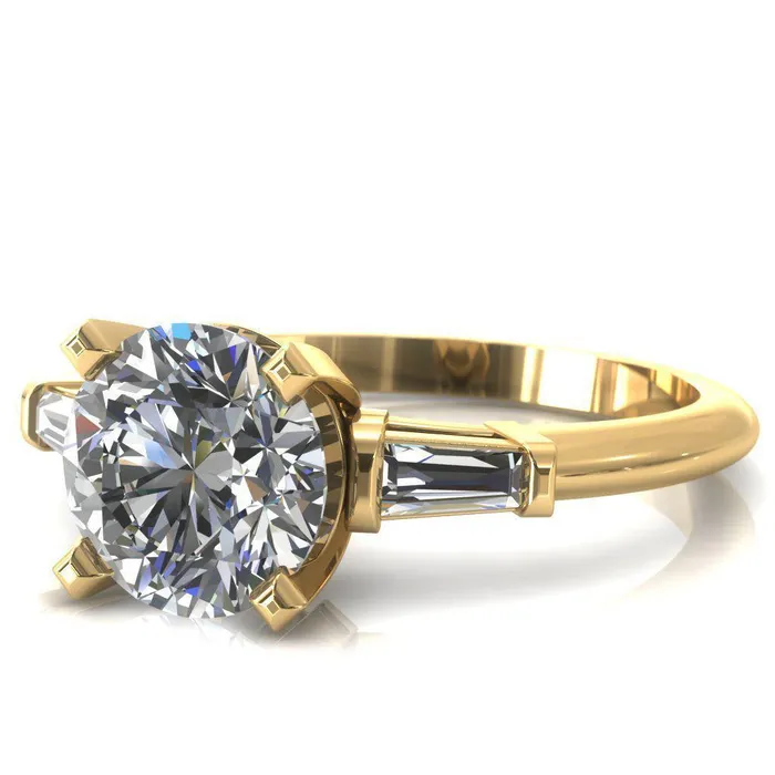 Fire Brilliance Rings Quinn Round Center Stone 4 Prong Single Baguette Diamond Side Ring