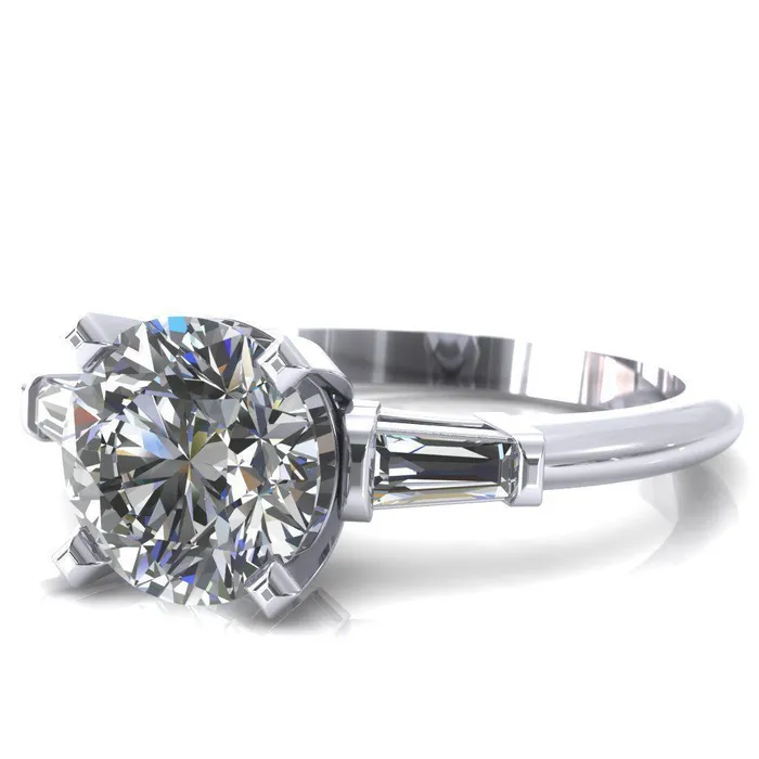 Fire Brilliance Rings Quinn Round Center Stone 4 Prong Single Baguette Diamond Side Ring