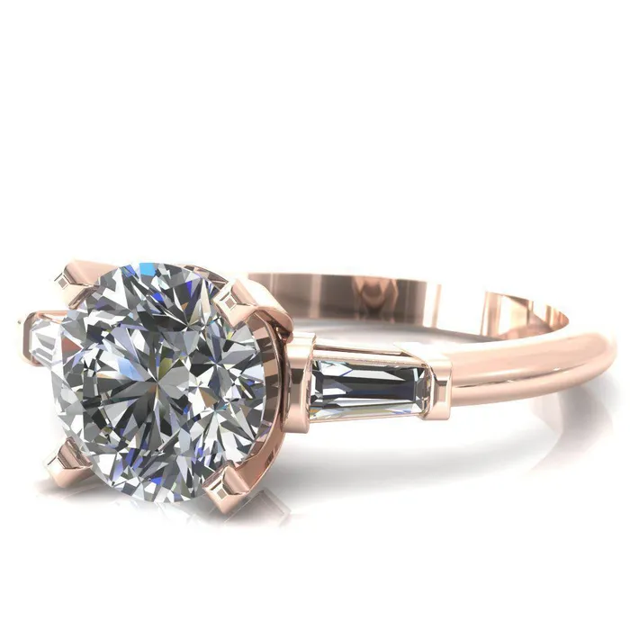Fire Brilliance Rings Quinn Round Center Stone 4 Prong Single Baguette Diamond Side Ring