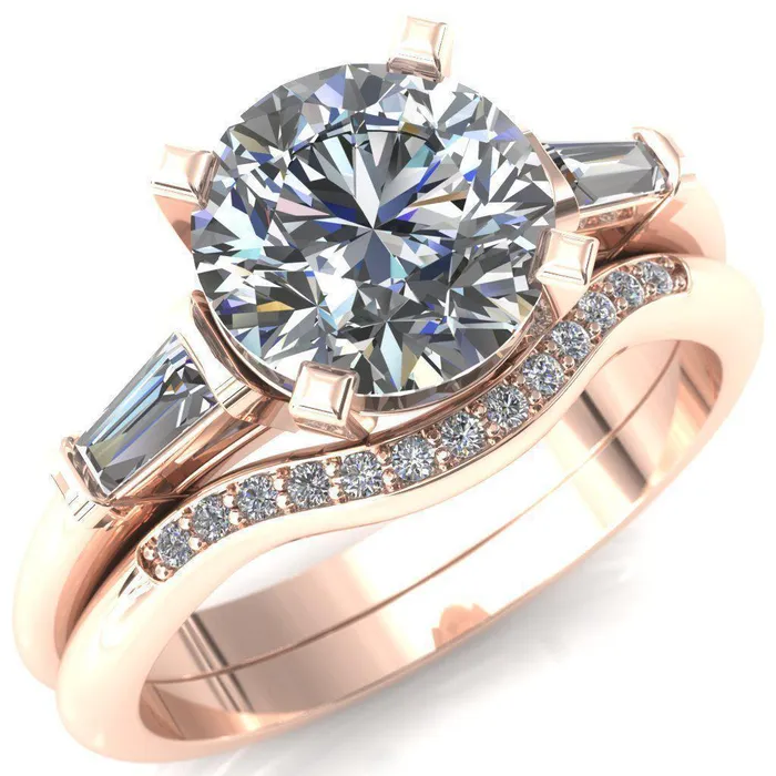Fire Brilliance Rings Quinn Round Center Stone 4 Prong Single Baguette Diamond Side Ring