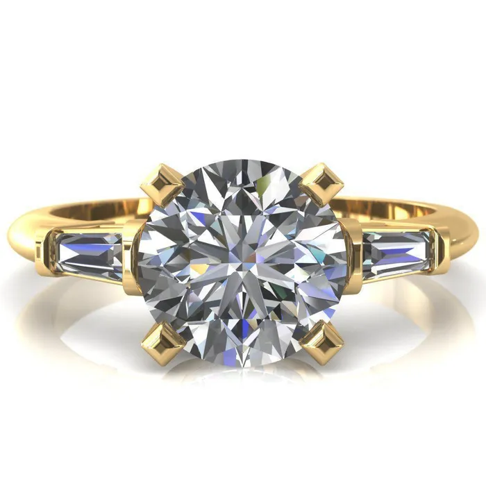 Fire Brilliance Rings Quinn Round Center Stone 4 Prong Single Baguette Diamond Side Ring