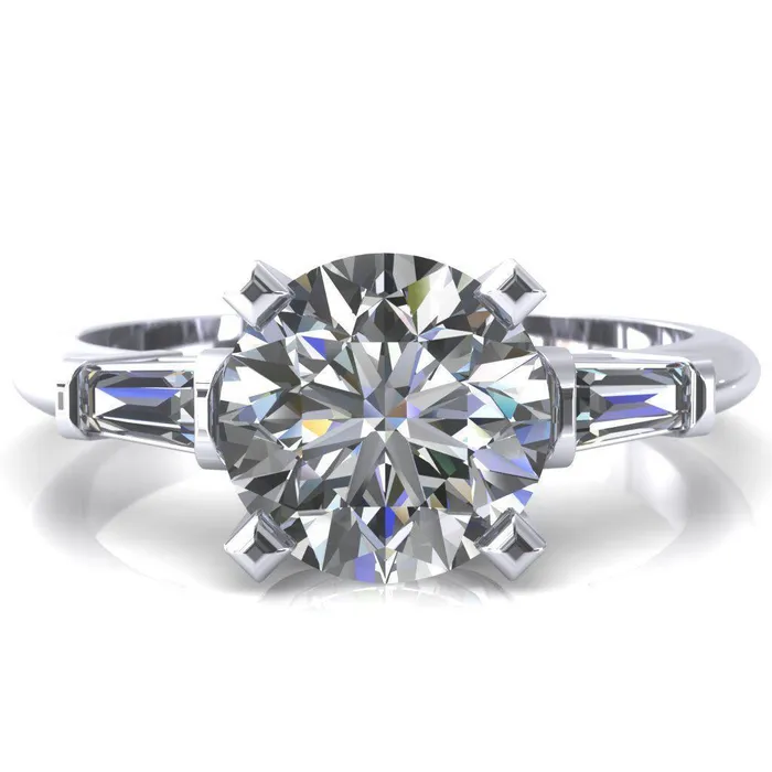 Fire Brilliance Rings Quinn Round Center Stone 4 Prong Single Baguette Diamond Side Ring