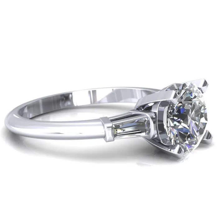 Fire Brilliance Rings Quinn Round Center Stone 4 Prong Single Baguette Diamond Side Ring
