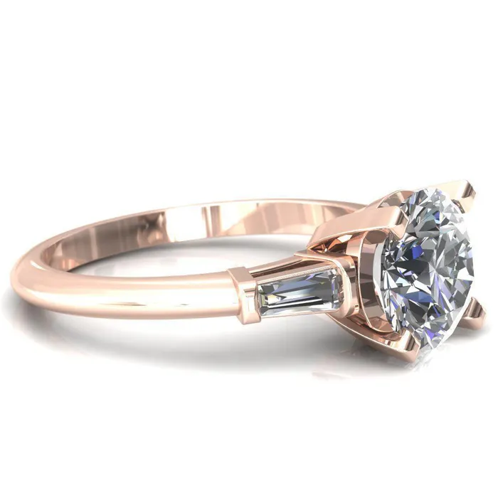 Fire Brilliance Rings Quinn Round Center Stone 4 Prong Single Baguette Diamond Side Ring