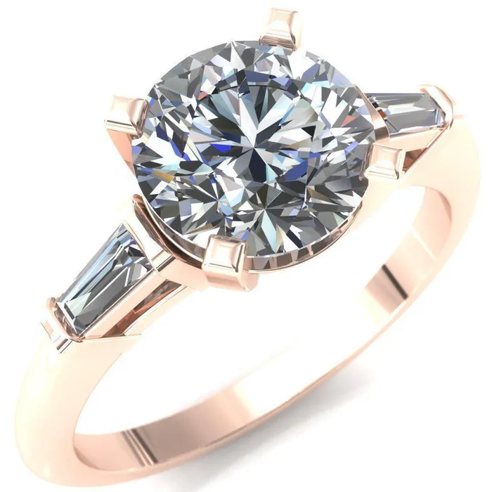 Fire Brilliance Rings Quinn Round Center Stone 4 Prong Single Baguette Diamond Side Ring