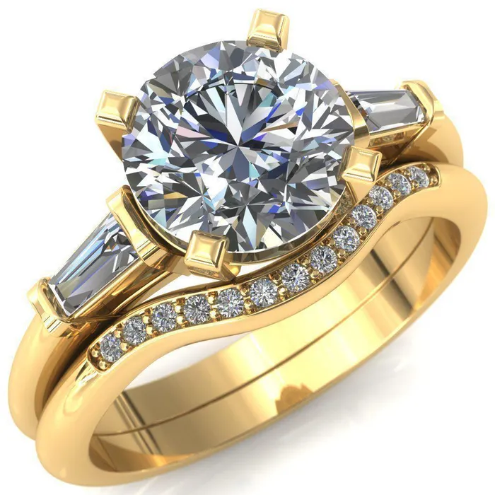 Fire Brilliance Rings Quinn Round Center Stone 4 Prong Single Baguette Diamond Side Ring