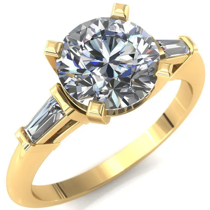 Fire Brilliance Rings Quinn Round Center Stone 4 Prong Single Baguette Diamond Side Ring
