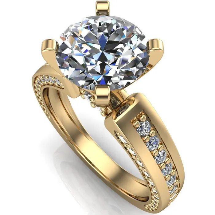 Fire Brilliance Rings Rosalee Round Center Stone Extravagant 4 Prong Head Diamond Micro Prong Band Ring
