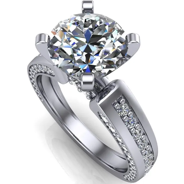 Fire Brilliance Rings Rosalee Round Center Stone Extravagant 4 Prong Head Diamond Micro Prong Band Ring