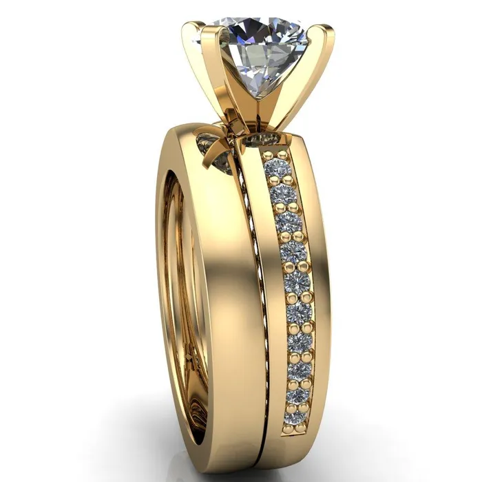 Fire Brilliance Rings Rosalee Round Center Stone Extravagant 4 Prong Head Diamond Micro Prong Band Ring