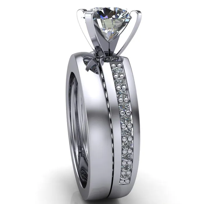 Fire Brilliance Rings Rosalee Round Center Stone Extravagant 4 Prong Head Diamond Micro Prong Band Ring