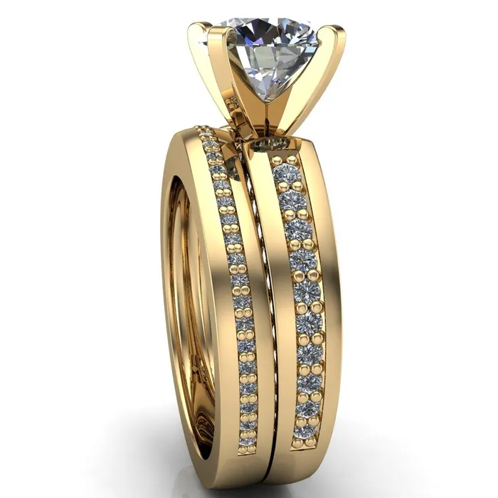 Fire Brilliance Rings Rosalee Round Center Stone Extravagant 4 Prong Head Diamond Micro Prong Band Ring
