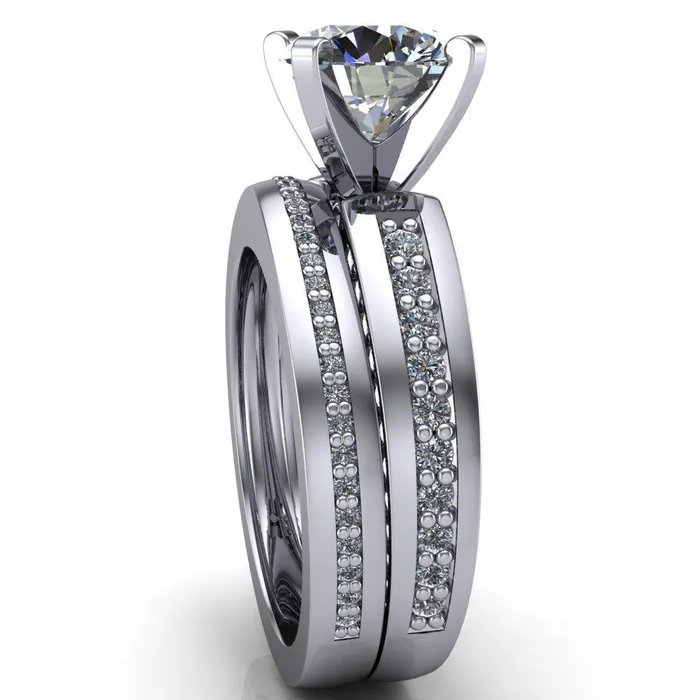 Fire Brilliance Rings Rosalee Round Center Stone Extravagant 4 Prong Head Diamond Micro Prong Band Ring