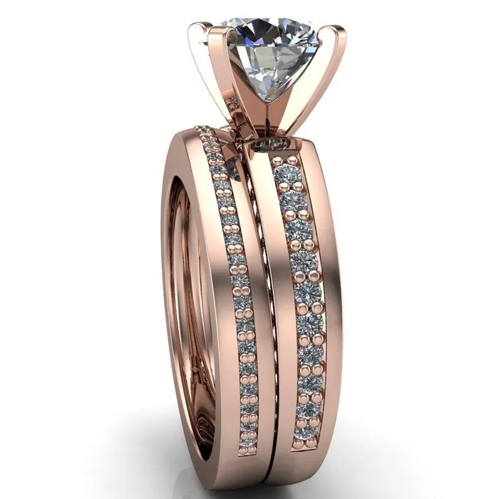 Fire Brilliance Rings Rosalee Round Center Stone Extravagant 4 Prong Head Diamond Micro Prong Band Ring