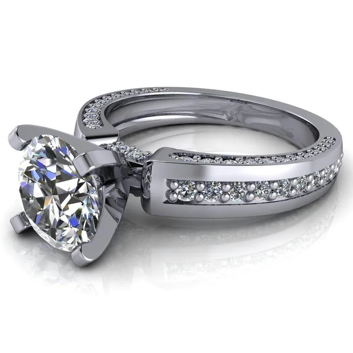 Fire Brilliance Rings Rosalee Round Center Stone Extravagant 4 Prong Head Diamond Micro Prong Band Ring
