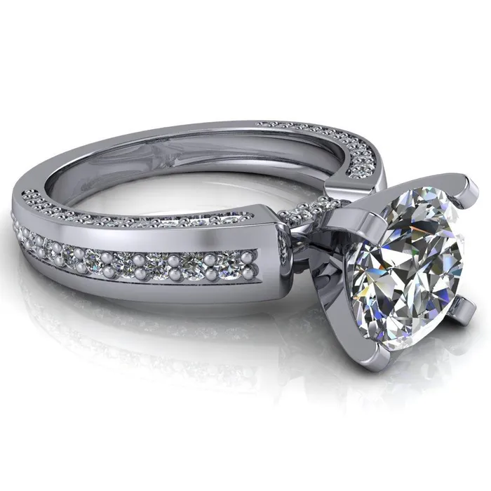 Fire Brilliance Rings Rosalee Round Center Stone Extravagant 4 Prong Head Diamond Micro Prong Band Ring