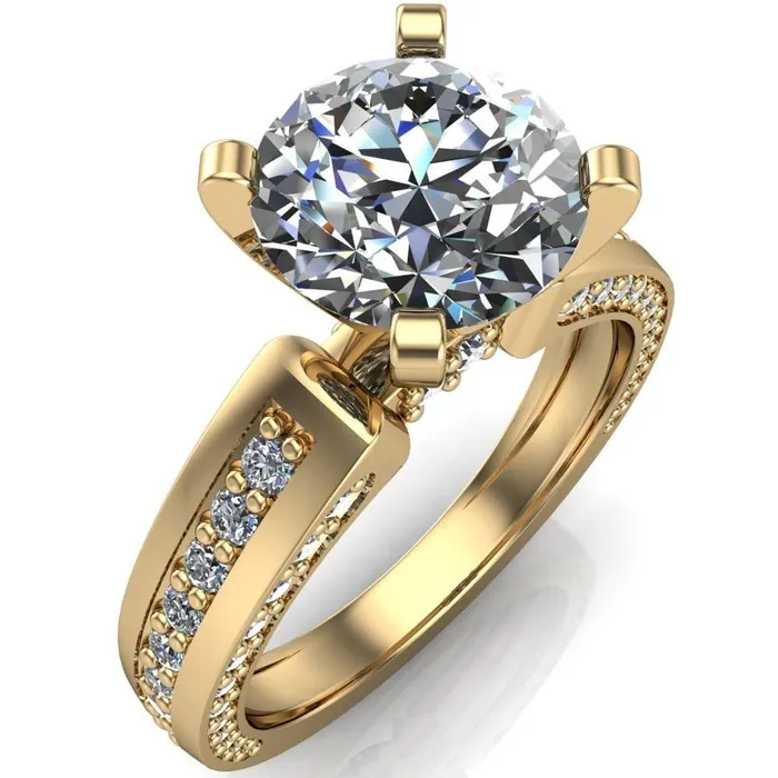 Fire Brilliance Rings Rosalee Round Center Stone Extravagant 4 Prong Head Diamond Micro Prong Band Ring