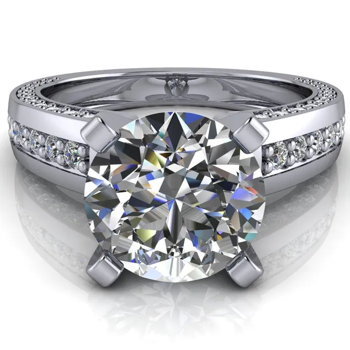 Fire Brilliance Rings Rosalee Round Center Stone Extravagant 4 Prong Head Diamond Micro Prong Band Ring