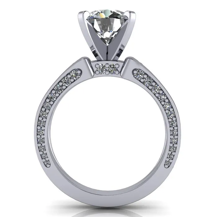 Fire Brilliance Rings Rosalee Round Center Stone Extravagant 4 Prong Head Diamond Micro Prong Band Ring