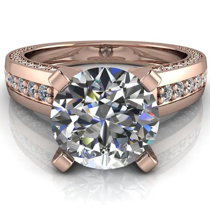 Fire Brilliance Rings Rosalee Round Center Stone Extravagant 4 Prong Head Diamond Micro Prong Band Ring
