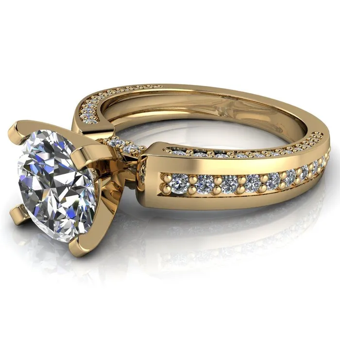 Fire Brilliance Rings Rosalee Round Center Stone Extravagant 4 Prong Head Diamond Micro Prong Band Ring