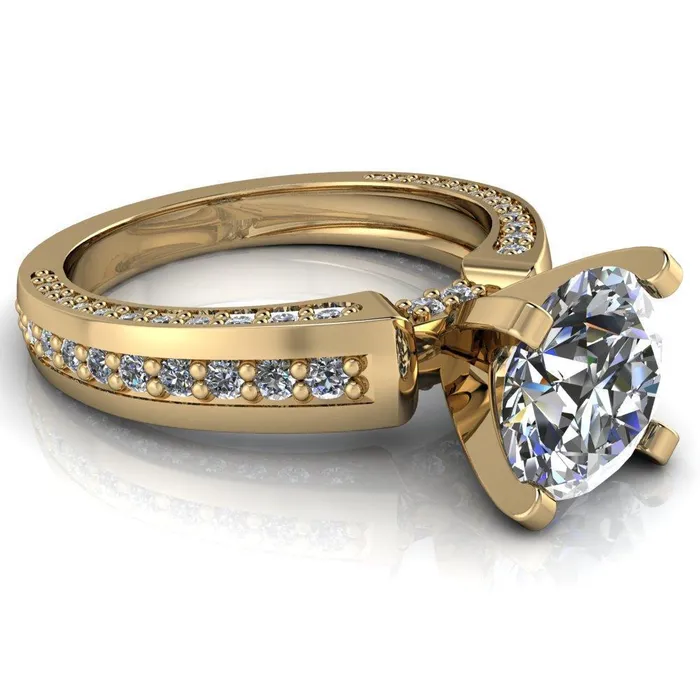 Fire Brilliance Rings Rosalee Round Center Stone Extravagant 4 Prong Head Diamond Micro Prong Band Ring