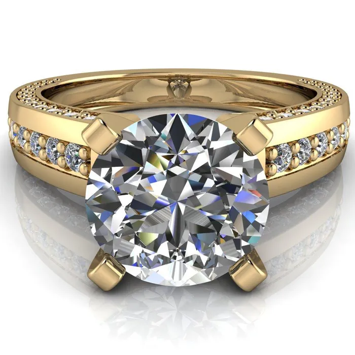 Fire Brilliance Rings Rosalee Round Center Stone Extravagant 4 Prong Head Diamond Micro Prong Band Ring