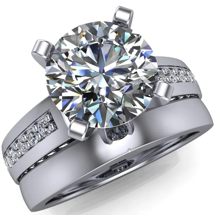 Fire Brilliance Rings Rosalee Round Center Stone Extravagant 4 Prong Head Diamond Micro Prong Band Ring