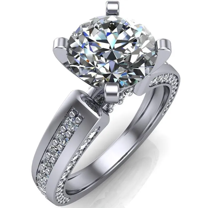 Fire Brilliance Rings Rosalee Round Center Stone Extravagant 4 Prong Head Diamond Micro Prong Band Ring