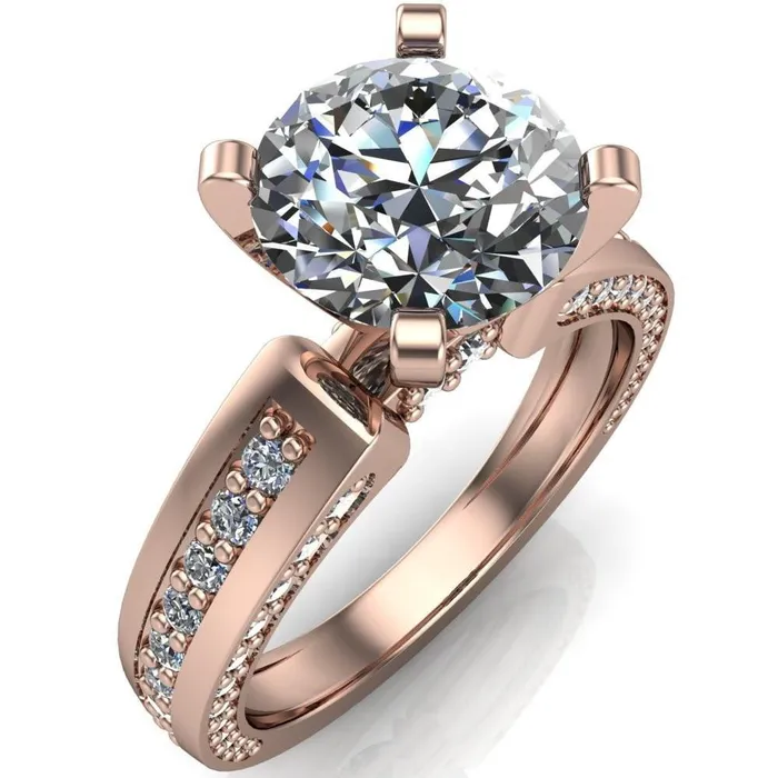 Fire Brilliance Rings Rosalee Round Center Stone Extravagant 4 Prong Head Diamond Micro Prong Band Ring